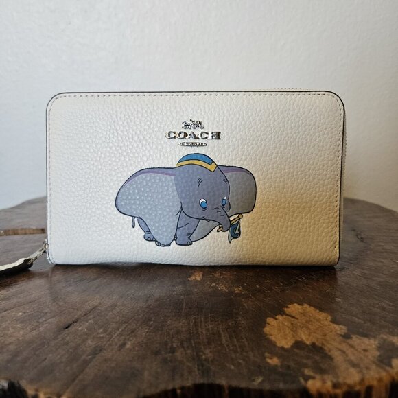 Disney Coach Dumbo Zip Wallet Ivory X Leather Accordion Long Wallet Logo Print - Picture 16 of 16